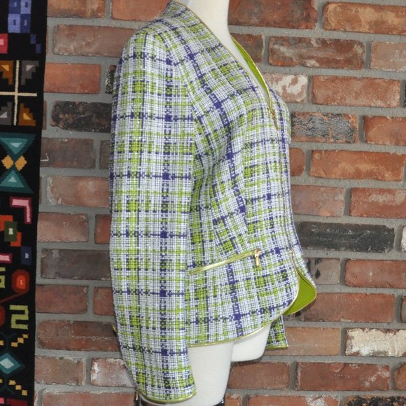 ESCADA WOVEN Tweed Silk Cotton Purple Lime Green Gold Zip-up Jacket Coat 38 - Picture 2 of 8